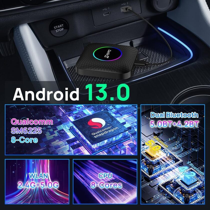 Andriod Box TBox-Ambient Dongle Android 13 SM6225 Wireless Android Auto Car Play 64GB FOTA Upgrade SIM TF Ai Box For YouTube Netflix