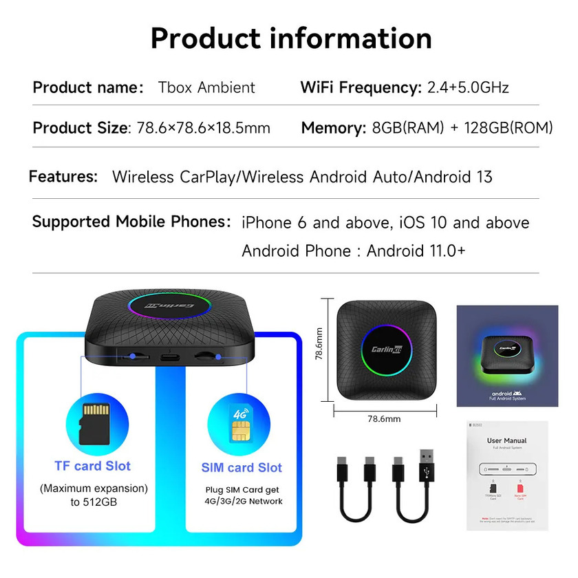 Multi Media CPC200-Tbox Ambient USB Ai Box Wireless Carplay Android 13.0 Adapter Compatible 2016-2022 with Built-in Wired Carplay Car