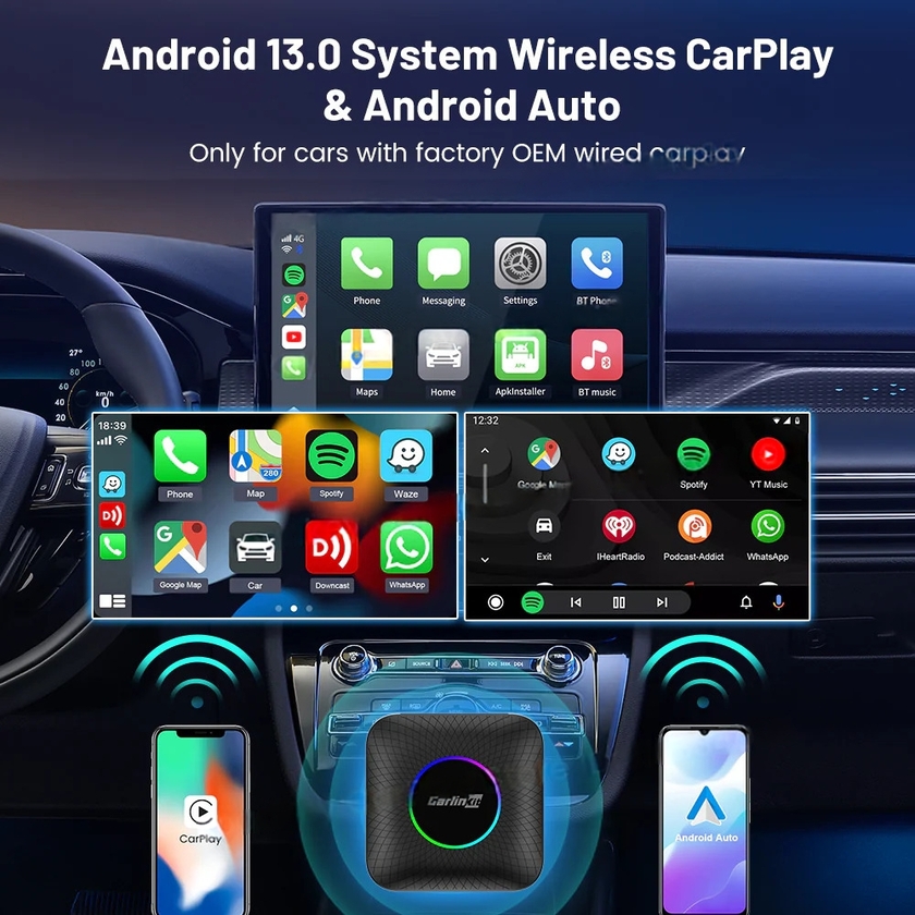 Multi Media CPC200-Tbox Ambient USB Ai Box Wireless Carplay Android 13.0 Adapter Compatible 2016-2022 with Built-in Wired Carplay Car
