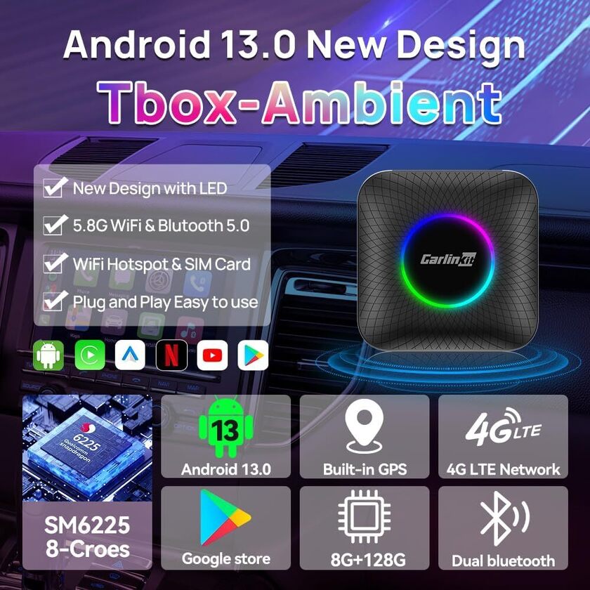 MultiMedia CPC200-Tbox Ambient USB Ai Box Wireless Carplay Android 13.0 Adapter SDM660 Compatible 2016-2022