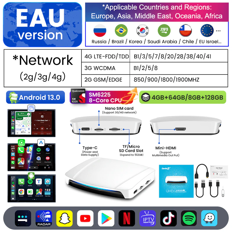 Android 13.0 Wireless CarPlay Multimedia Video Box CPC200-TBox UHD SDM660 8G 128Gb