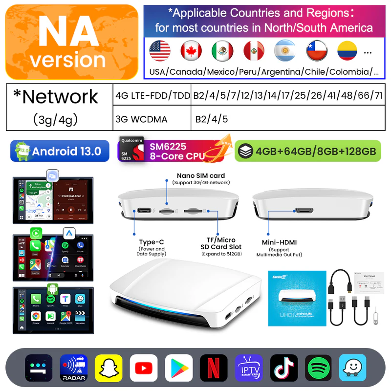 Wireless Android Auto Carplay Ai Box Multi Media TBox UHD SDM660 Android 13 8Gb 128Gb Dongle for Netflix