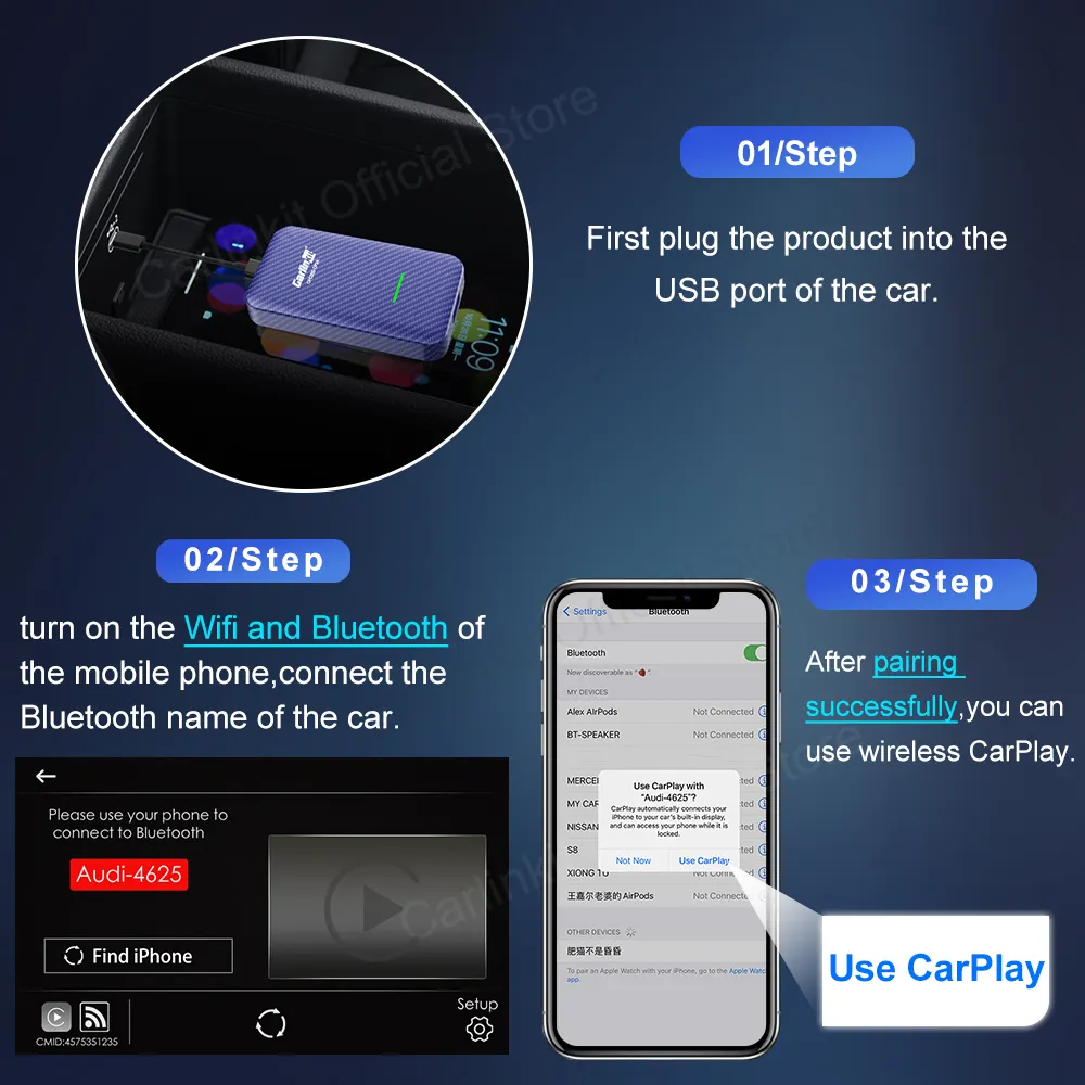 Wired Carplay To Wireless And Android Auto Adapter 5.8 GHz CP2A Plug And Play For Factory Wired Cars